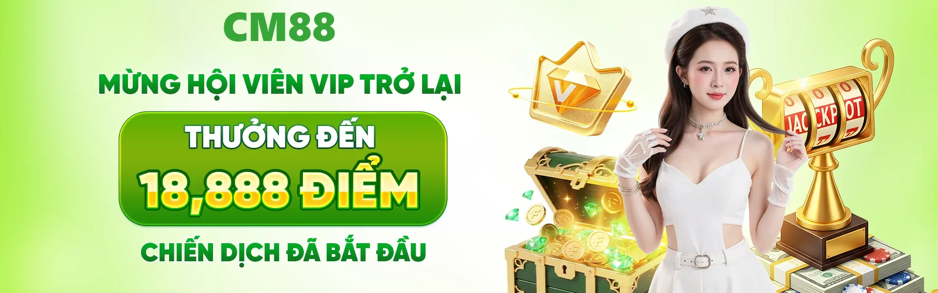 Hội viên VIP trở lại CM88 có cơ hội nhận phần thưởng hấp dẫn tối đa 18,888 điểm trong sự kiện đang diễn ra.